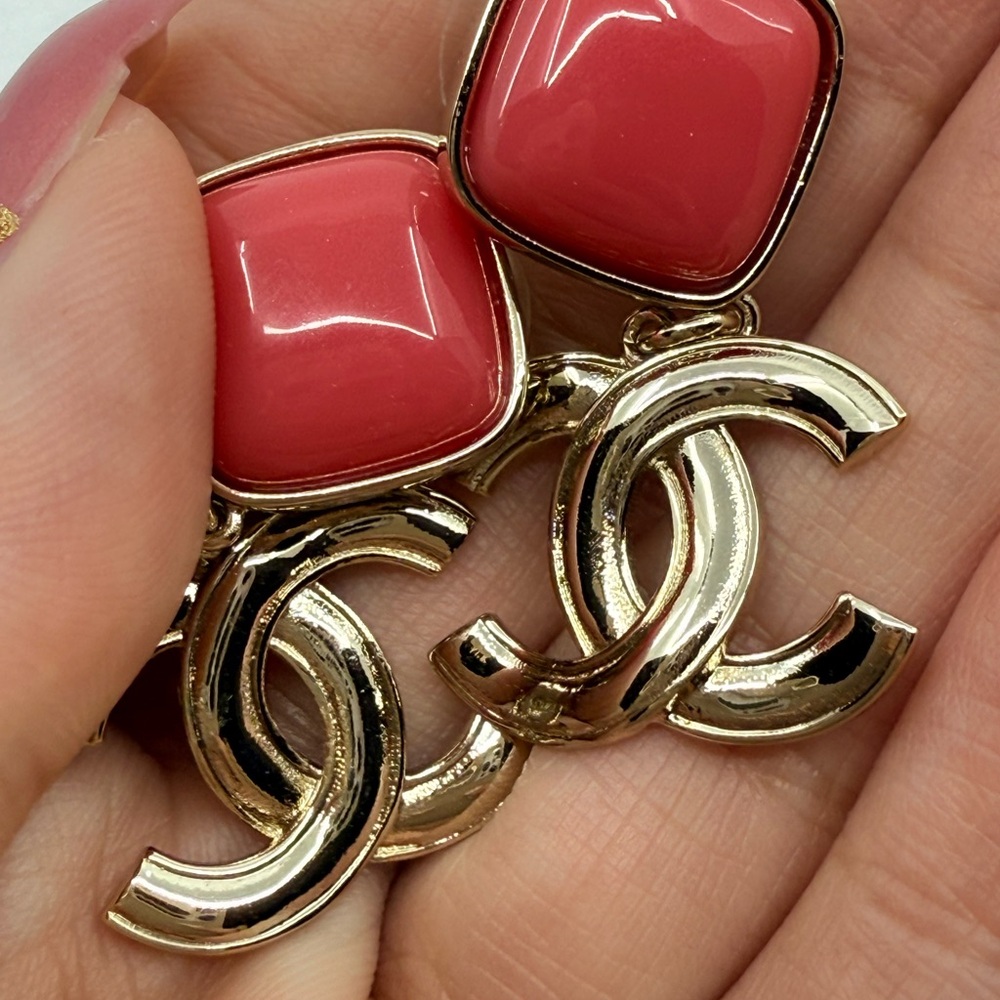 Chanel Pink Enamel Gold CC Dangle Statement Earrings - Picture 8 of 11